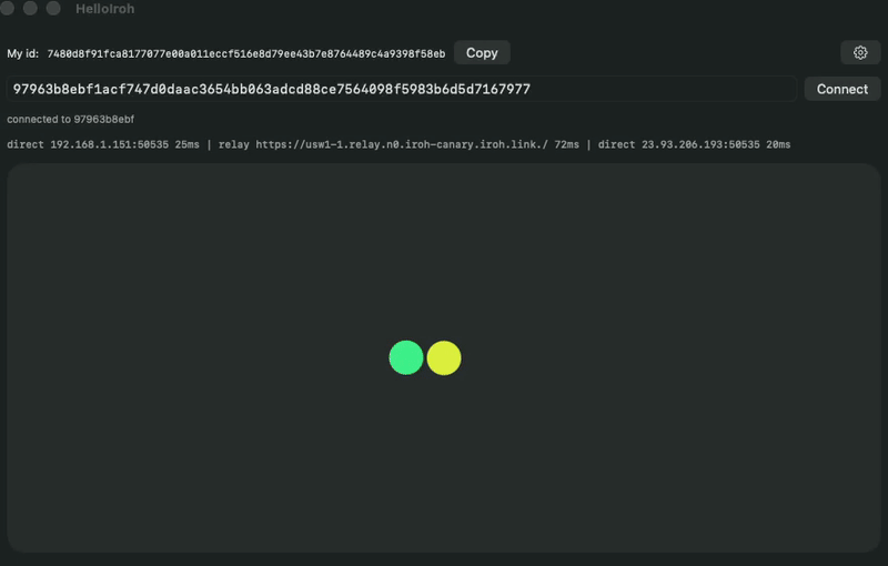 The accelerometer demo running on two peers, each rendering both dots side by side